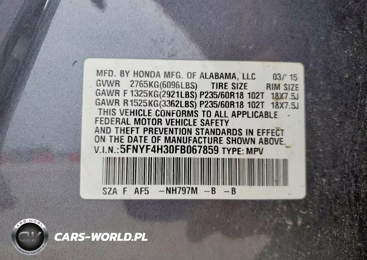 2015 Honda Pilot Se VIN:5FNYF4H30FB067859 - 13