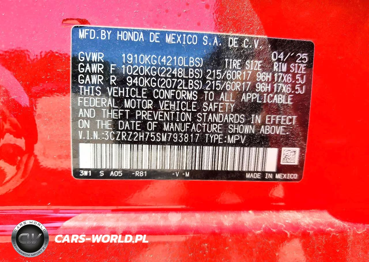 2025 Honda Hr-V Exl VIN:3CZRZ2H75SM793817 - 13