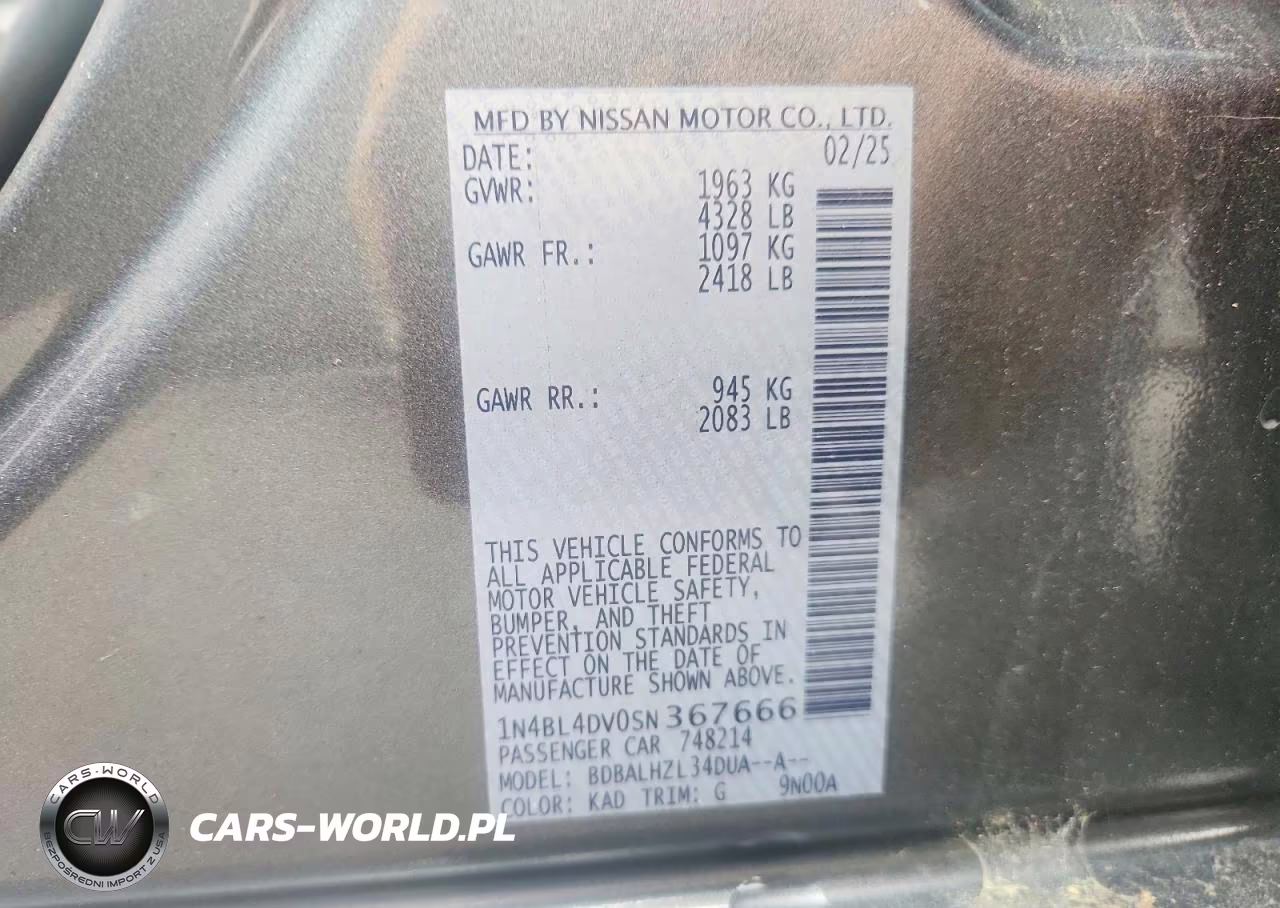 2025 Nissan Altima Sv VIN:1N4BL4DV0SN367666 - 12