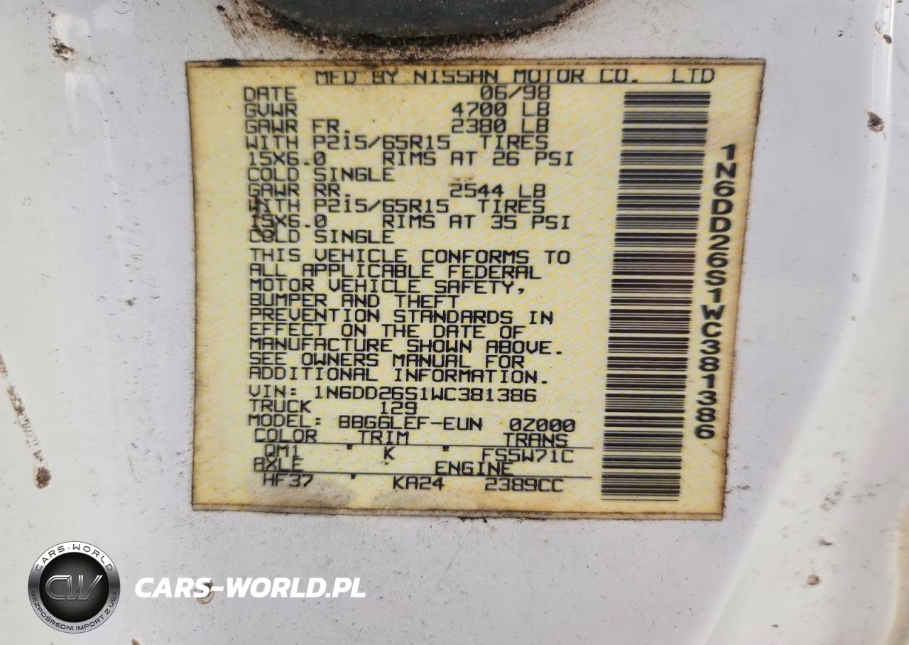 1998 Nissan Frontier Xe VIN:1N6DD26S1WC381386 - 12