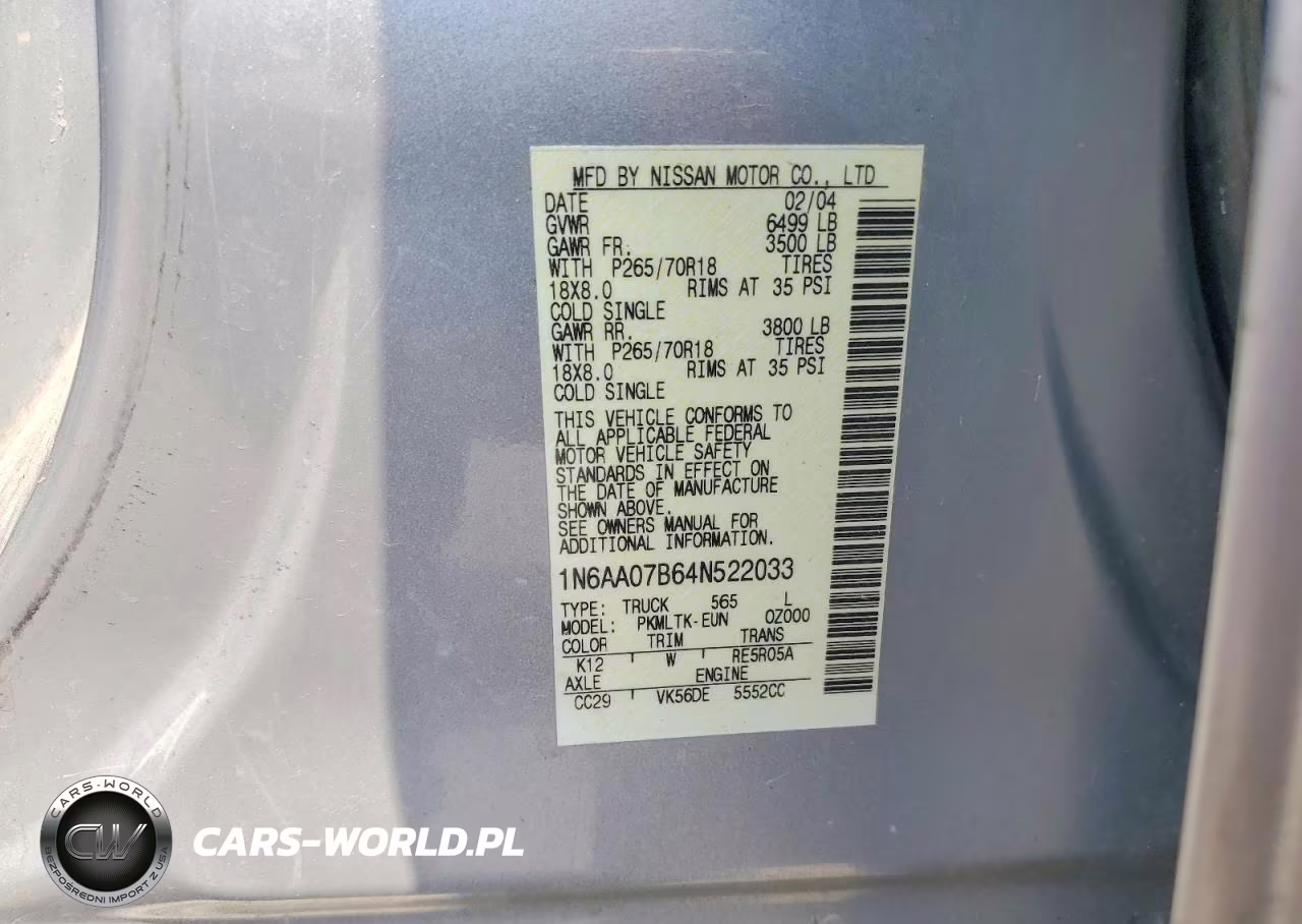 2004 Nissan Titan Xe VIN:1N6AA07B64N522033 - 12