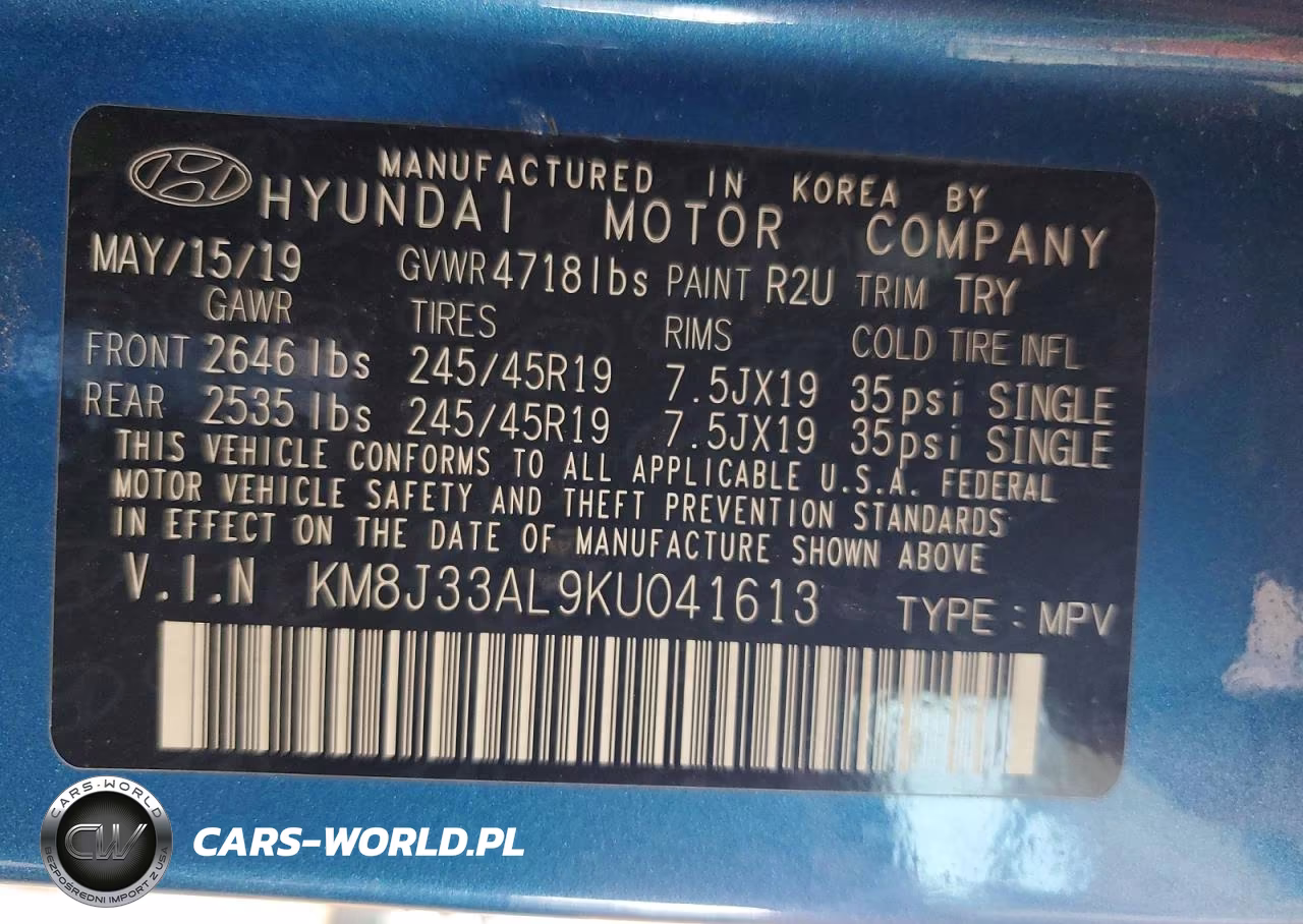 2019 Hyundai Tucson Sport VIN:KM8J33AL9KU041613 - 14