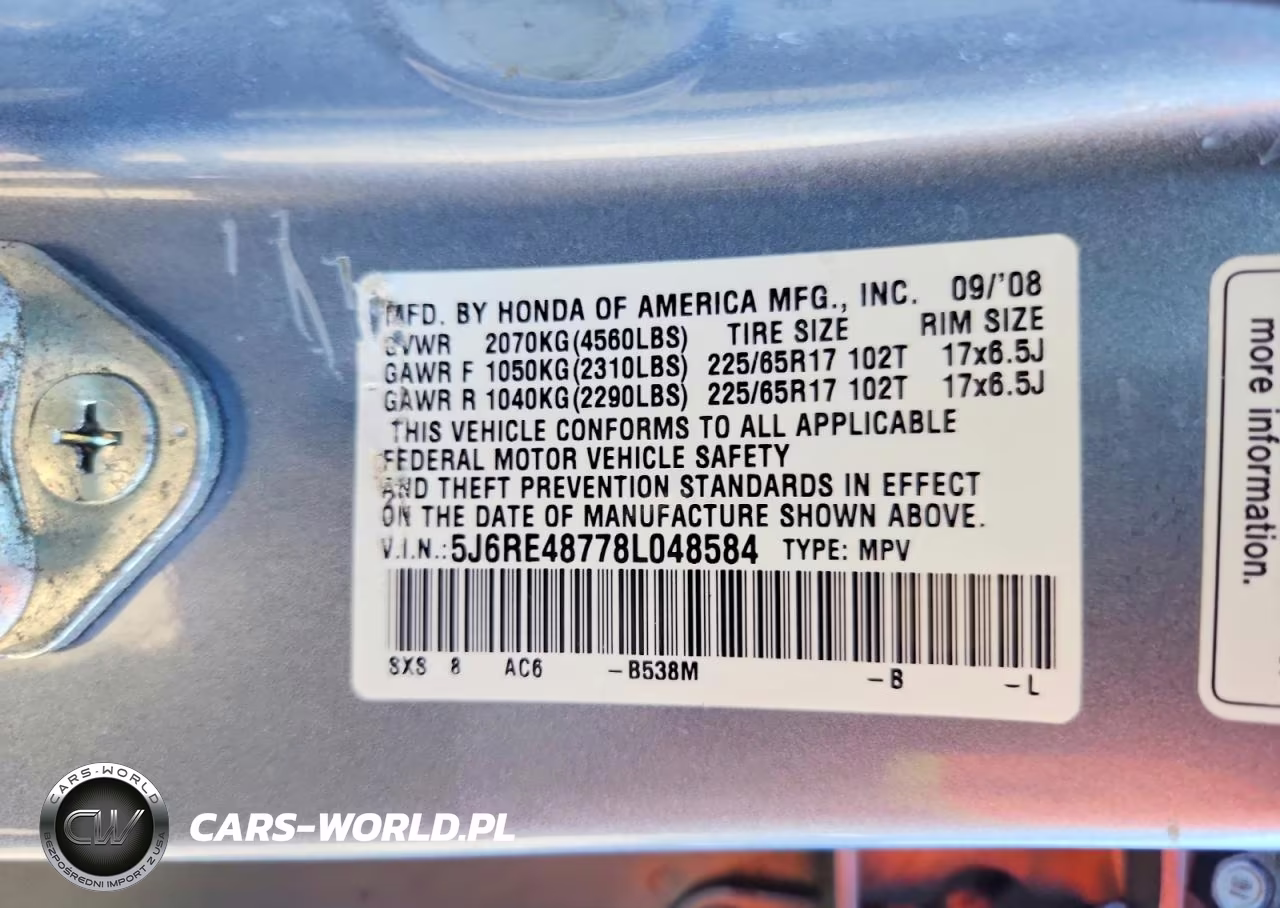 2008 Honda Cr-V Exl VIN:5J6RE48778L048584 - 13