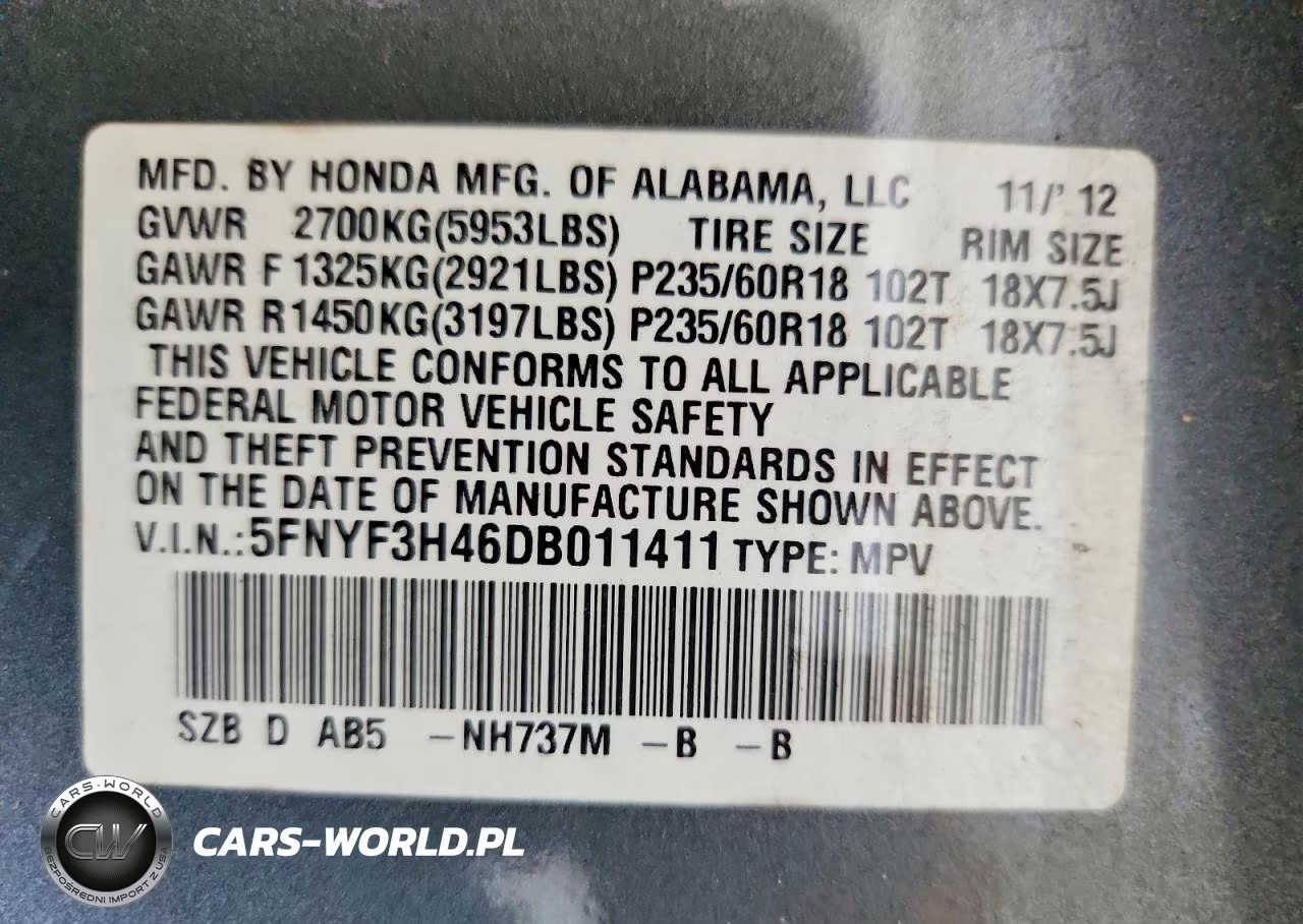 2013 Honda Pilot Ex VIN:5FNYF3H46DB011411 - 13