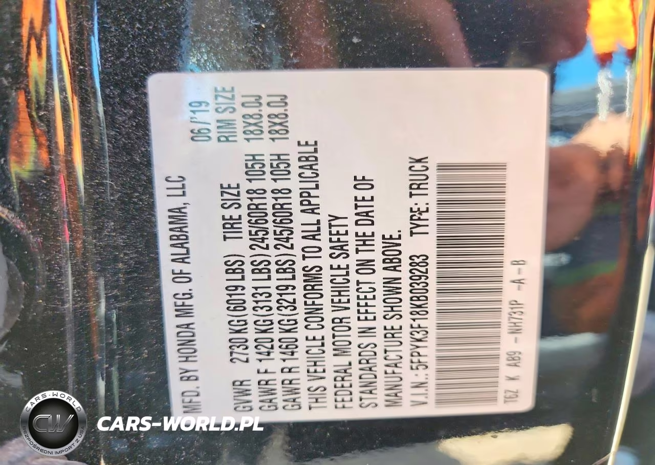 2019 Honda Ridgeline Sport VIN:5FPYK3F18KB039283 - 13