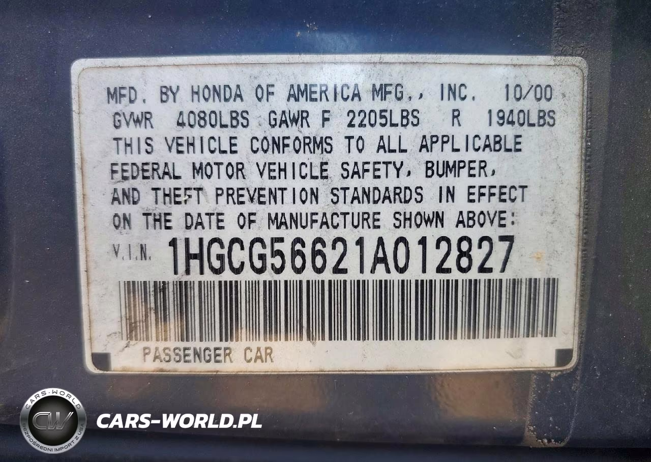 2001 Honda Accord Ex VIN:1HGCG56621A012827 - 12