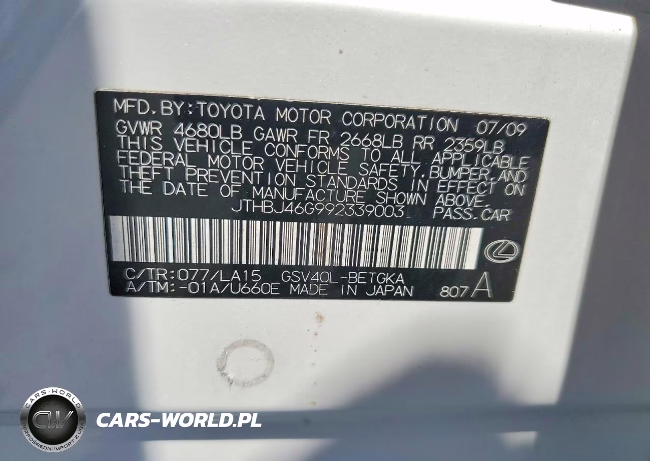 2009 Lexus Es 350 VIN:JTHBJ46G992339003 - 12