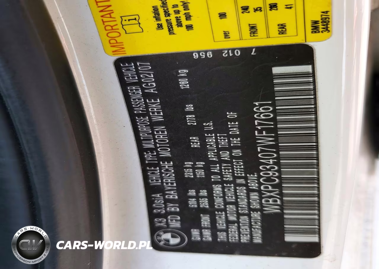 2007 BMW X3 VIN:WBXPC93407WF17661 - 13