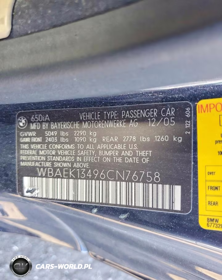 2006 BMW 650 I VIN:WBAEK13496CN76758 - 12
