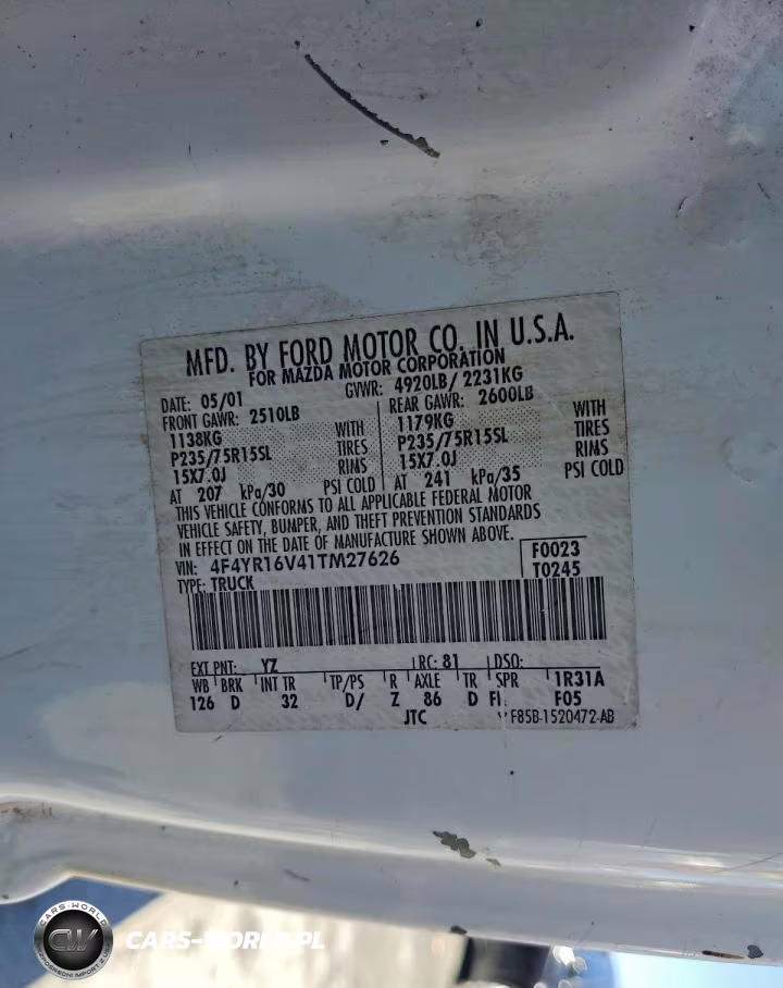 2001 Mazda B3000 Cab Plus VIN:4F4YR16V41TM27626 - 12