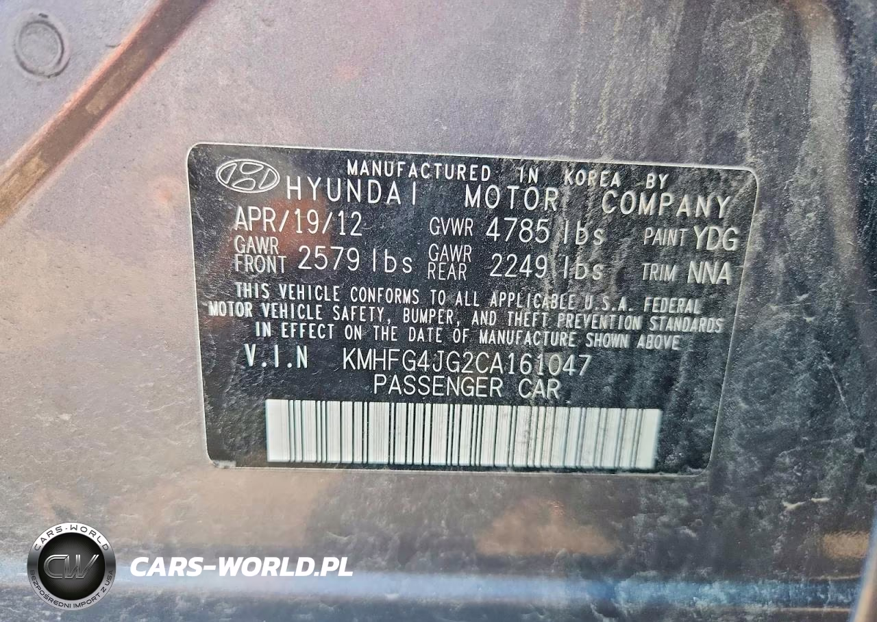 2012 Hyundai Azera Base VIN:KMHFG4JG2CA161047 - 13