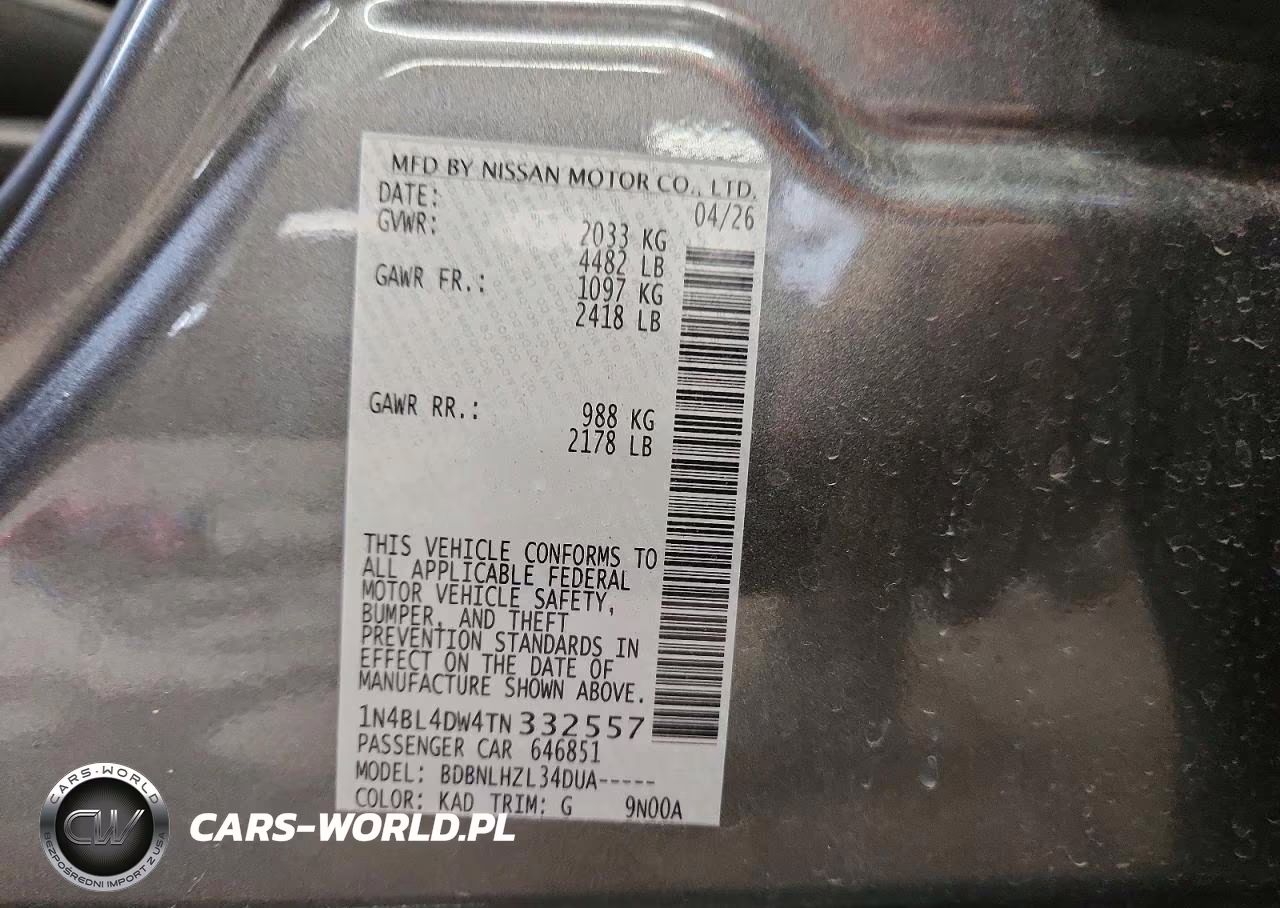 2026 Nissan Altima Sv VIN:1N4BL4DW4TN332557 - 12
