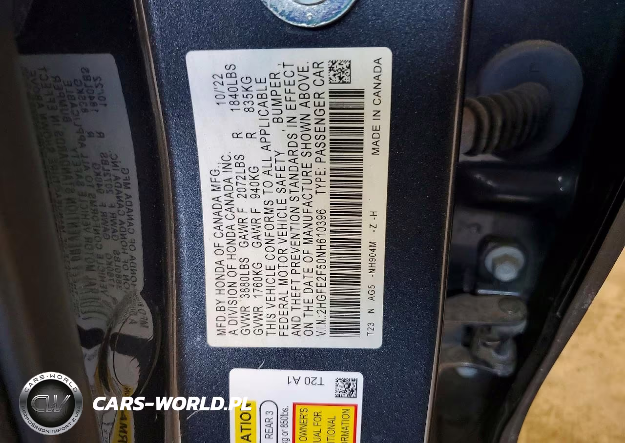 2022 Honda Civic Sport VIN:2HGFE2F50NH610396 - 12