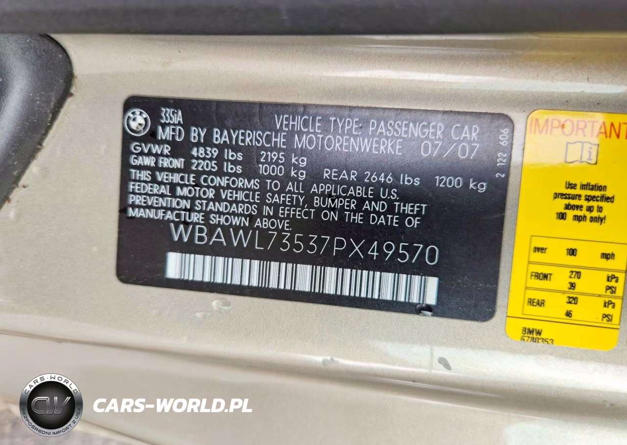 2007 BMW 335 I VIN:WBAWL73537PX49570 - 12