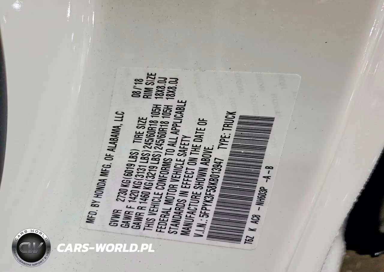 2019 Honda Ridgeline Rtl VIN:5FPYK3F58KB013947 - 13