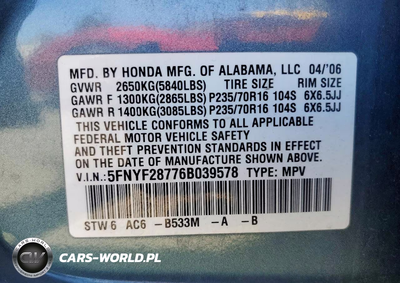 2006 Honda Pilot Ex VIN:5FNYF28776B039578 - 13
