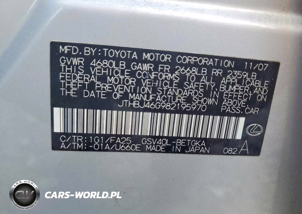 2008 Lexus Es 350 VIN:JTHBJ46G982195970 - 12