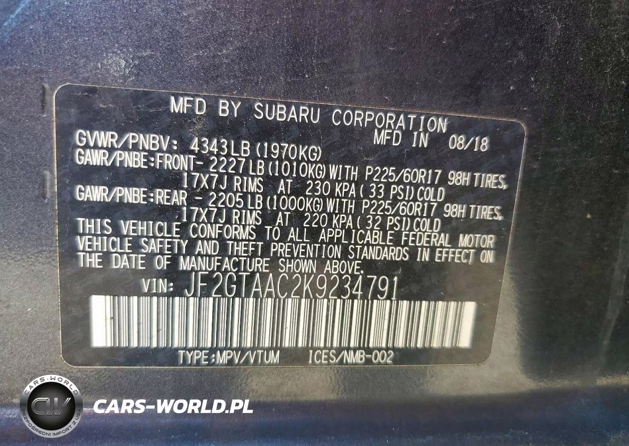 2019 Subaru Crosstrek 2.0I VIN:JF2GTAAC2K9234791 - 13