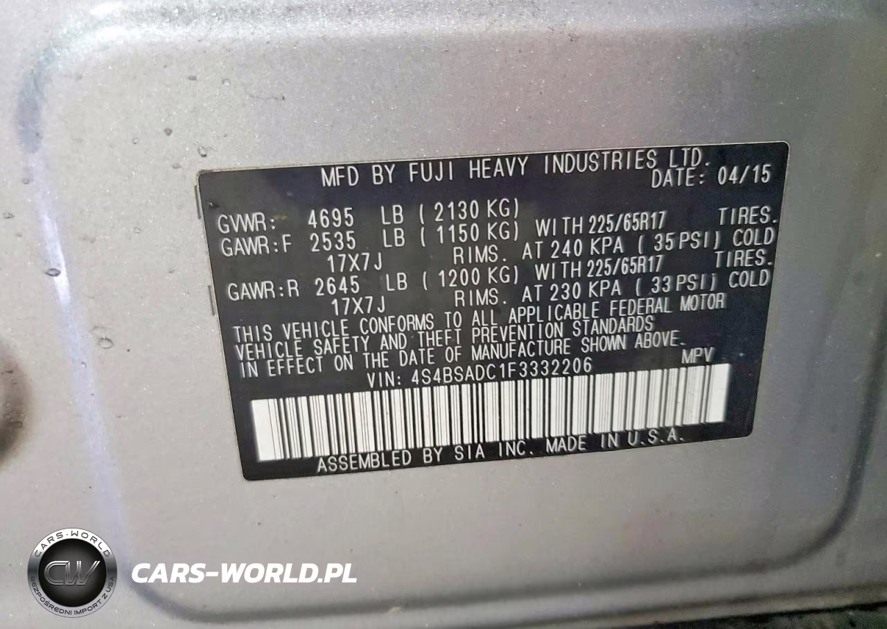 2015 Subaru Outback 2.5I Premium VIN:4S4BSADC1F3332206 - 12