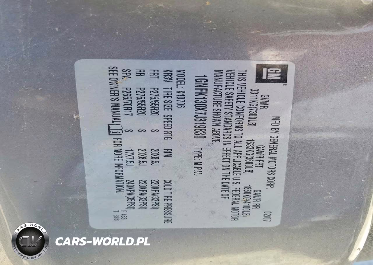 2007 Chevrolet Tahoe K1500 VIN:1GNFK130X7J319830 - 13