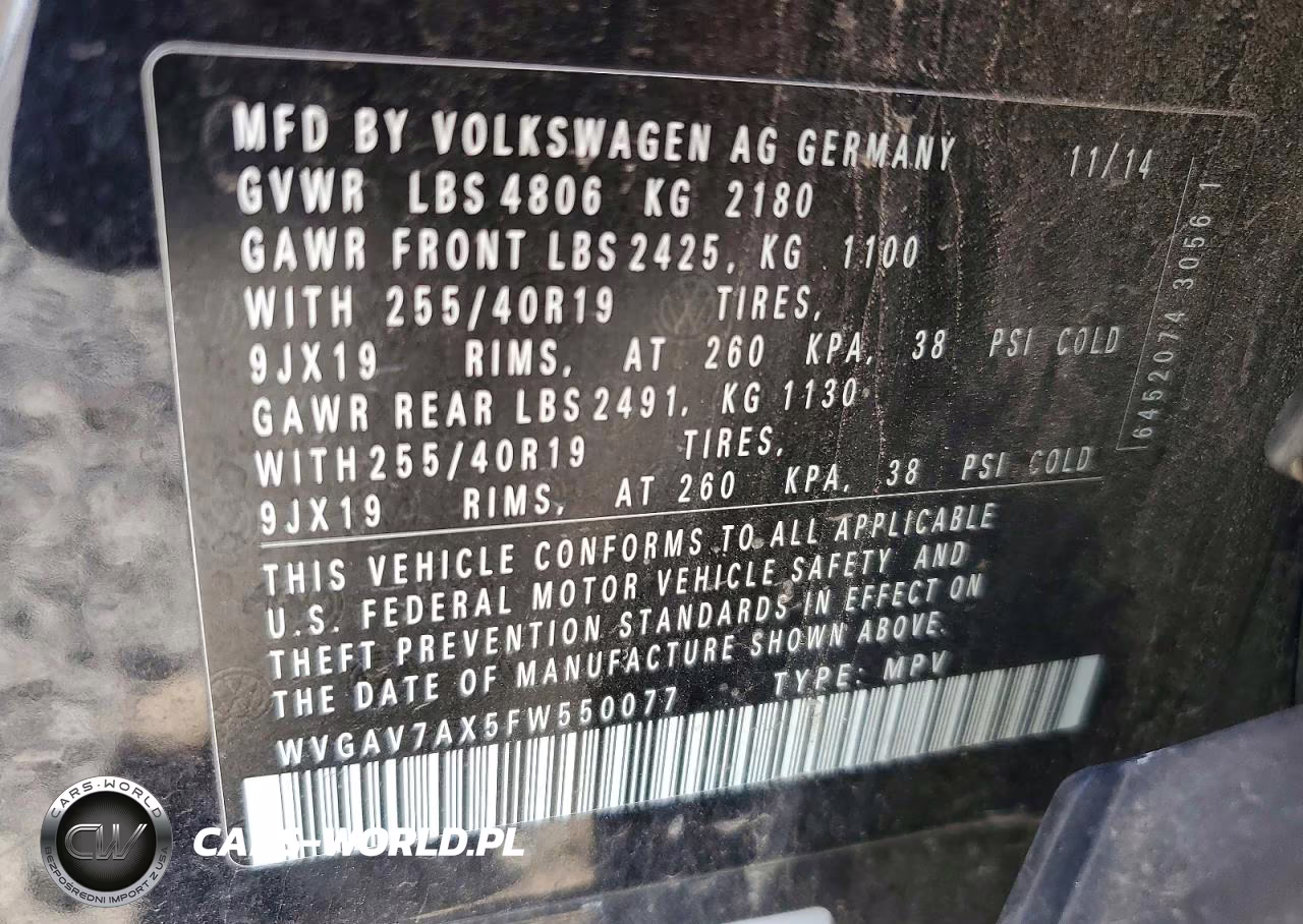2015 Volkswagen Tiguan S VIN:WVGAV7AX5FW550077 - 13