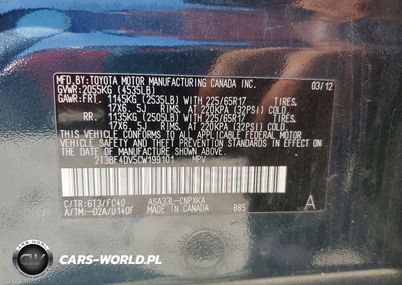 2012 Toyota Rav4 Base VIN:2T3BF4DV5CW199101 - 13