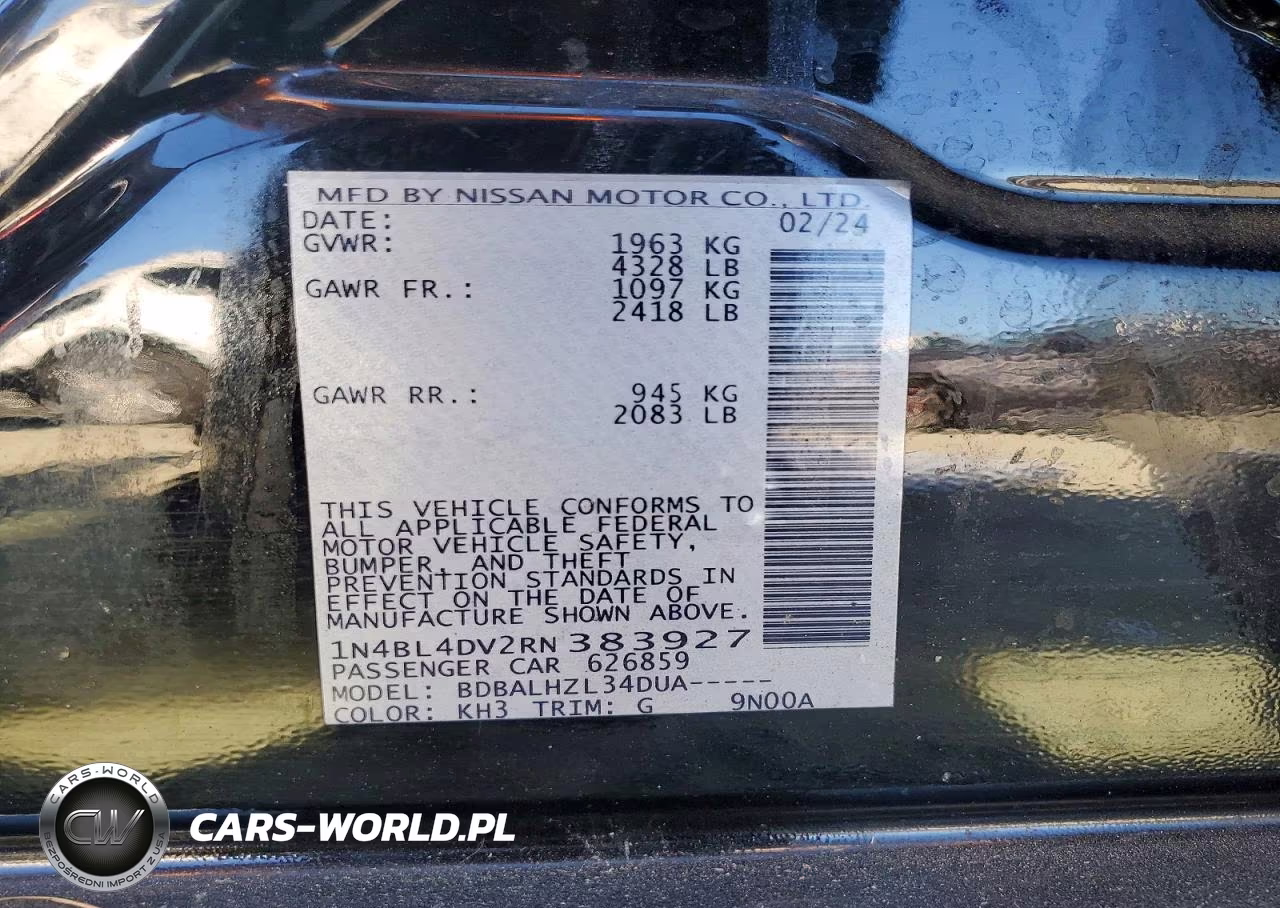2024 Nissan Altima Sv VIN:1N4BL4DV2RN383927 - 12