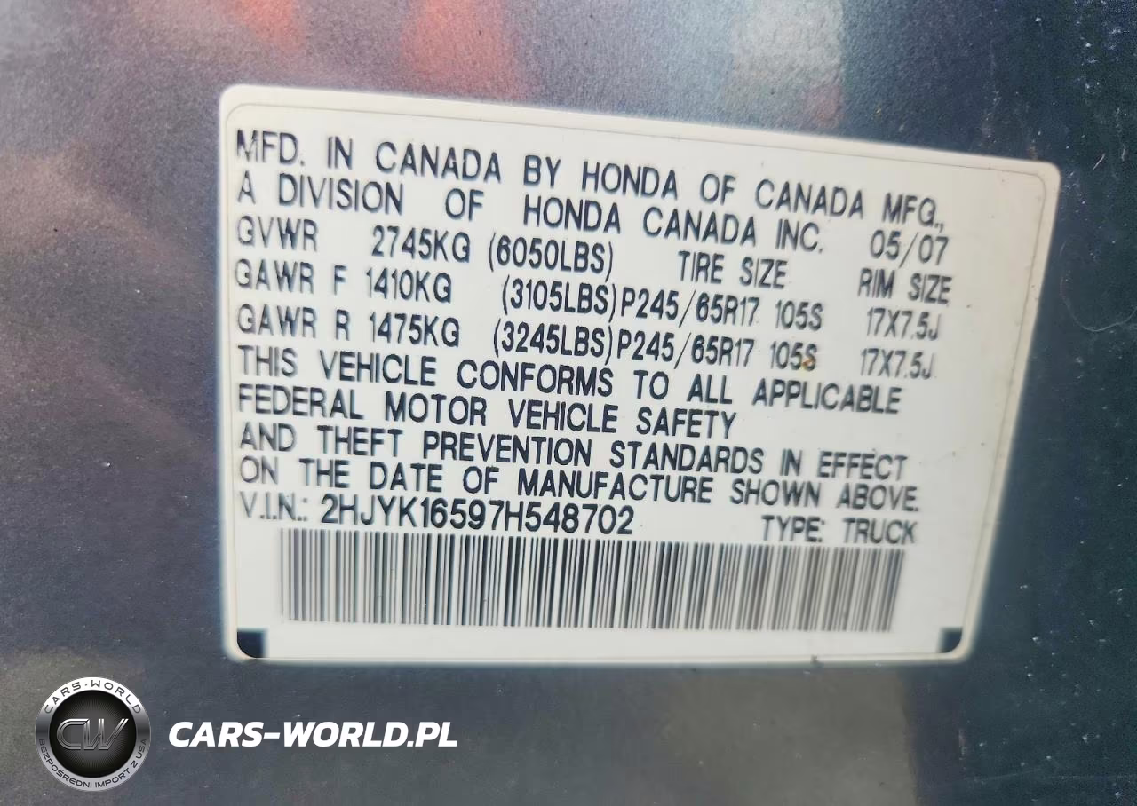 2007 Honda Ridgeline Rtl VIN:2HJYK16597H548702 - 12