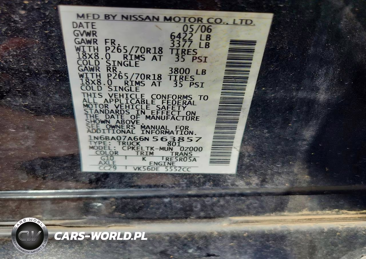 2006 Nissan Titan Xe Ffv VIN:1N6BA07A66N563857 - 12