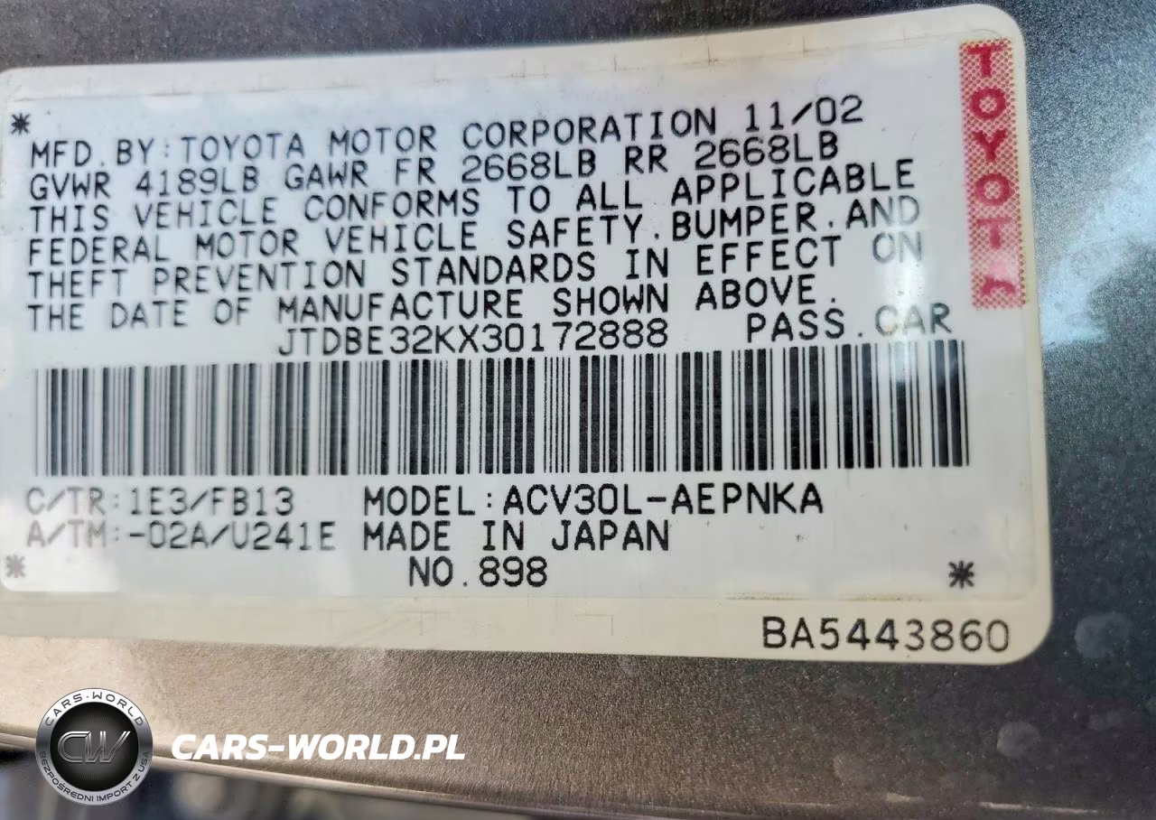 2003 Toyota Camry Le VIN:JTDBE32KX30172888 - 12