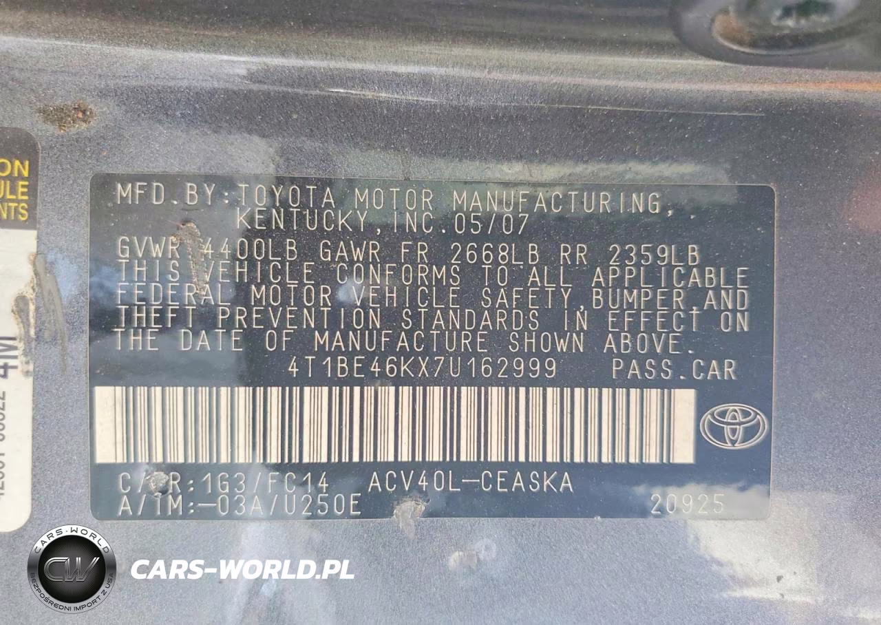 2007 Toyota Camry Se VIN:4T1BE46KX7U162999 - 12