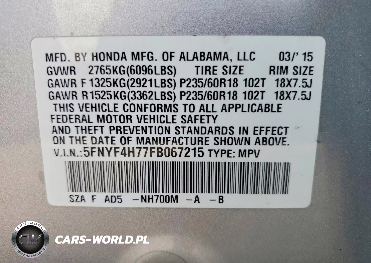 2015 Honda Pilot Exln VIN:5FNYF4H77FB067215 - 14