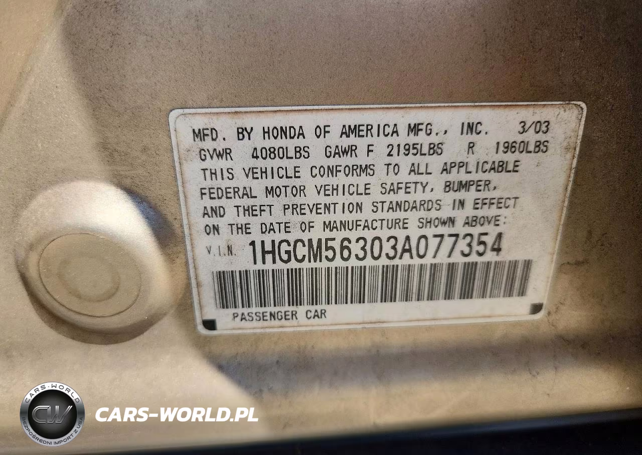 2003 Honda Accord Lx VIN:1HGCM56303A077354 - 12