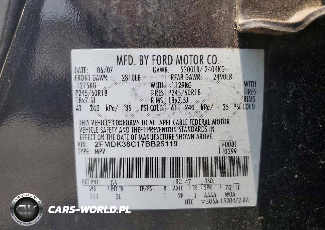 2007 Ford Edge Sel VIN:2FMDK38C17BB25119 - 13