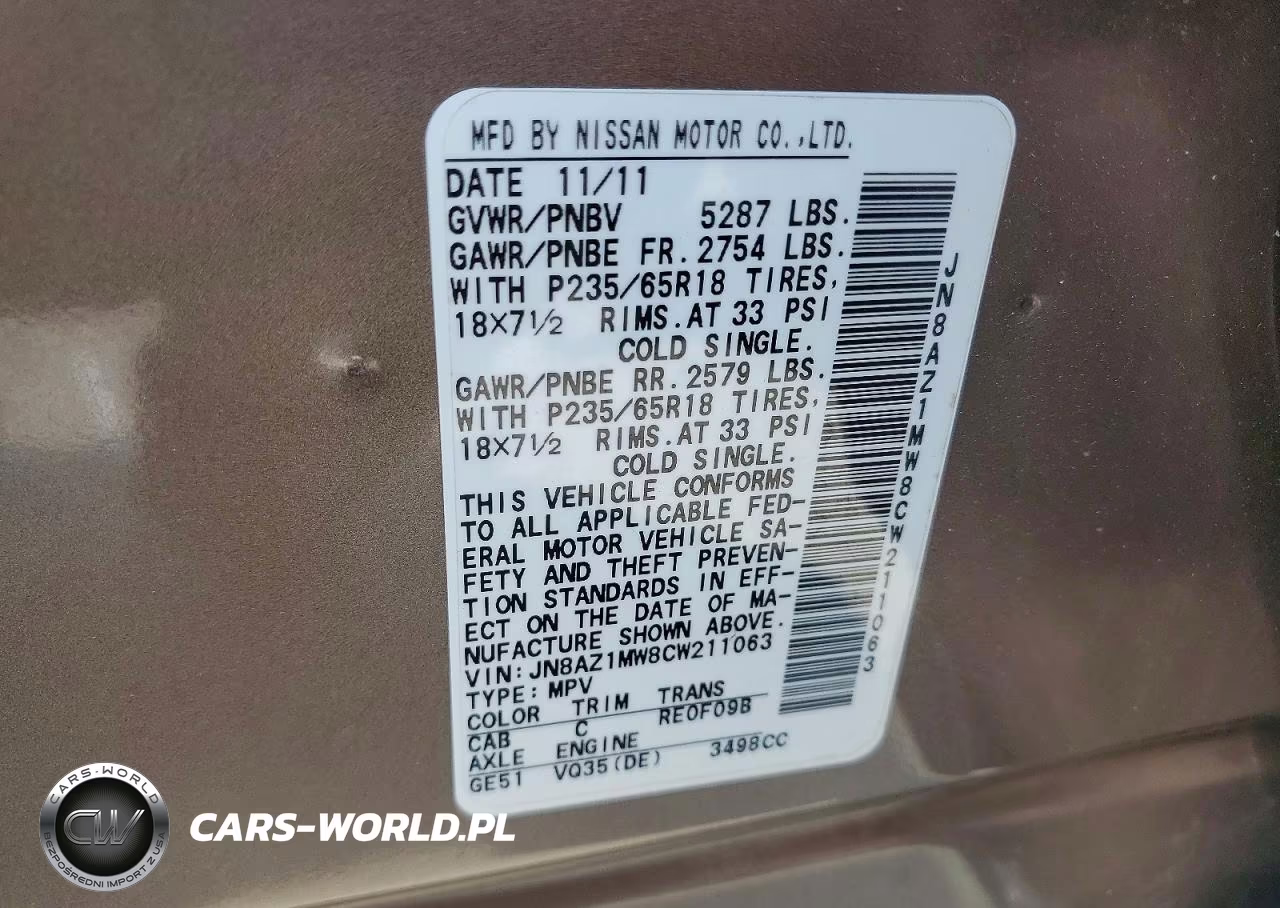 2012 Nissan Murano S VIN:JN8AZ1MW8CW211063 - 13