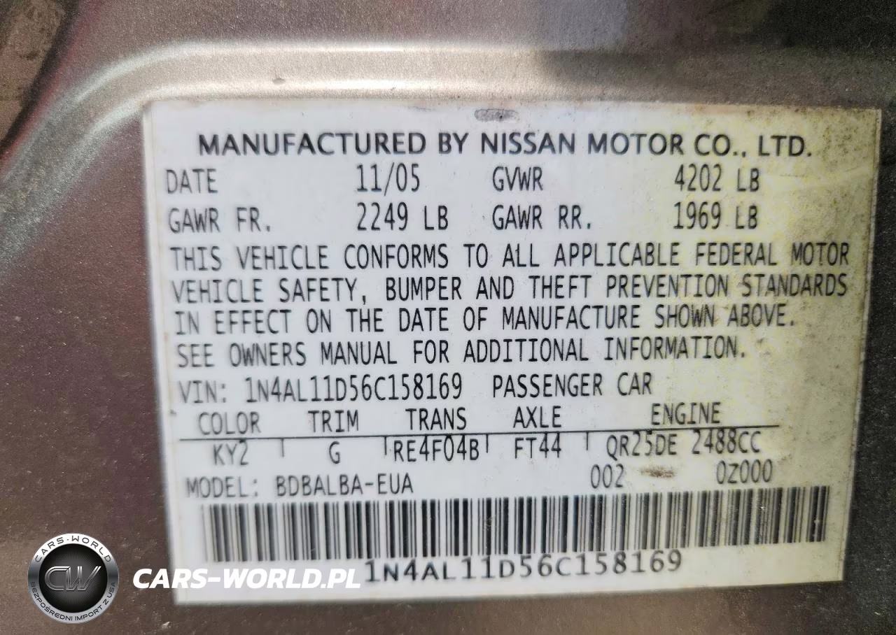 2006 Nissan Altima 2.5 VIN:1N4AL11D56C158169 - 12