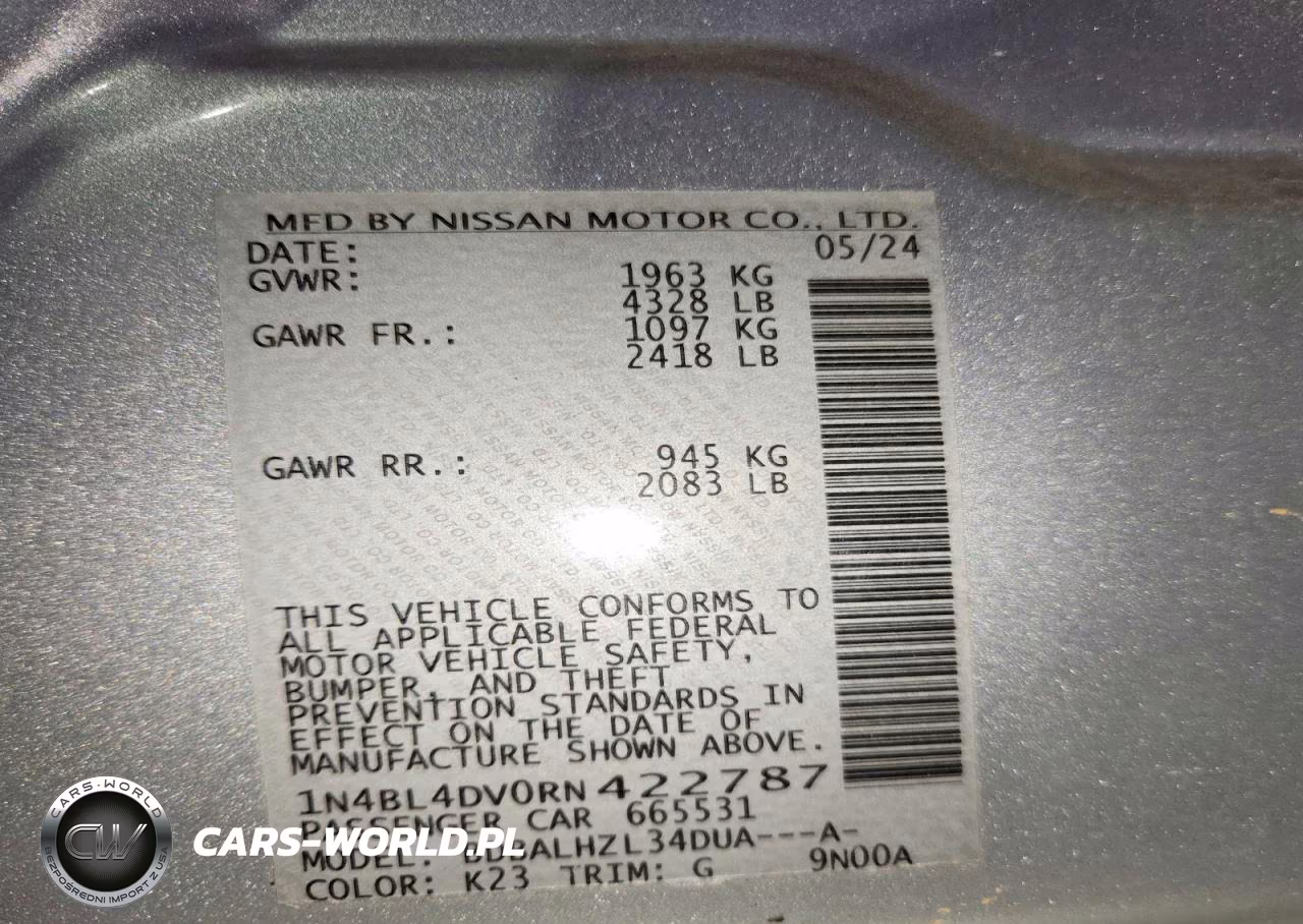 2024 Nissan Altima Sv VIN:1N4BL4DV0RN422787 - 12