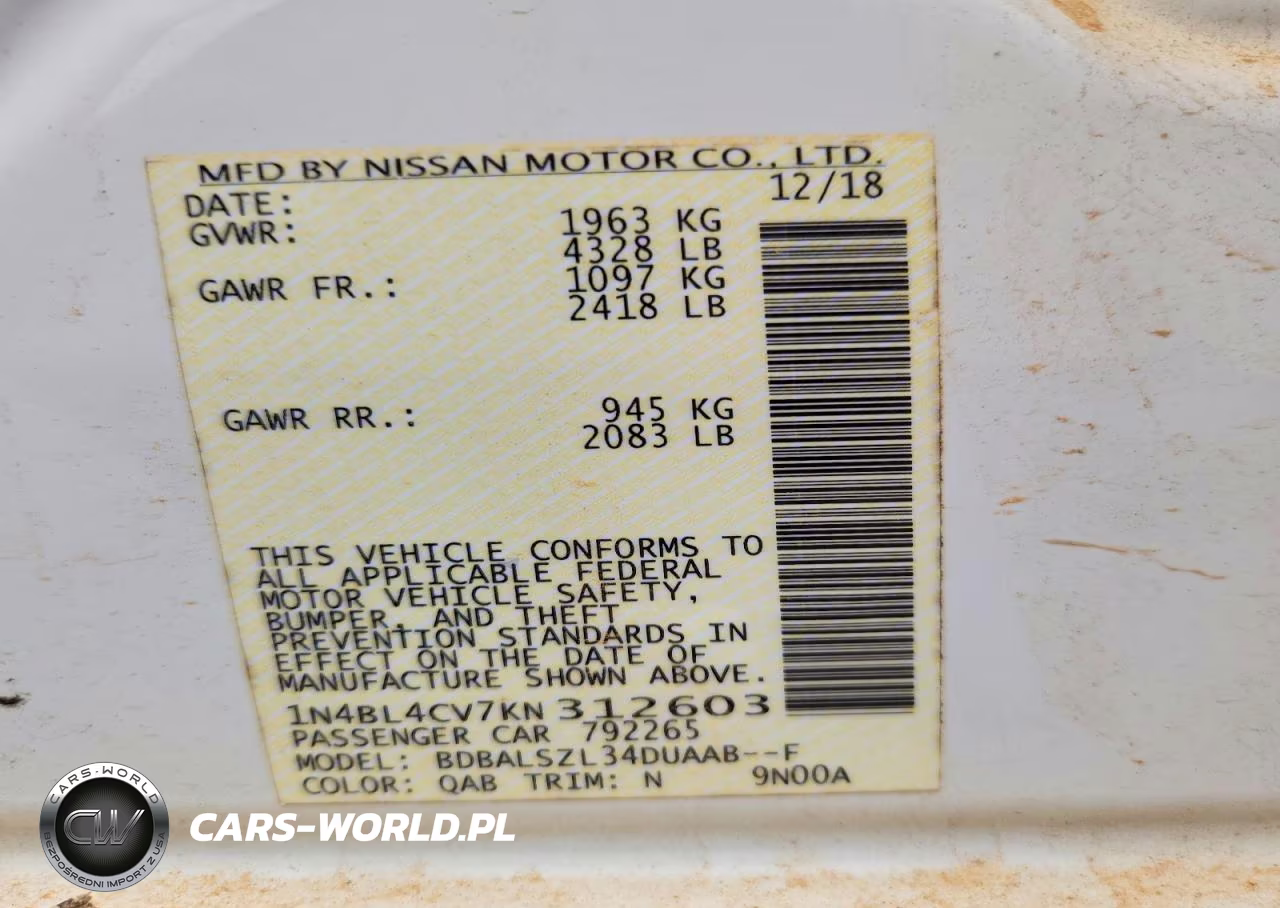 2019 Nissan Altima Sr VIN:1N4BL4CV7KN312603 - 12