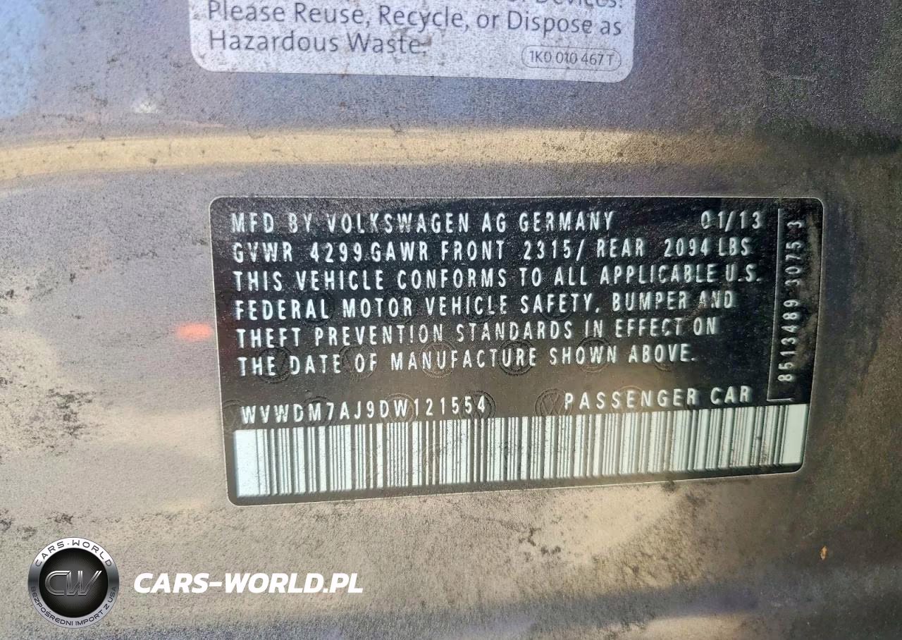 2013 Volkswagen Golf VIN:WVWDM7AJ9DW121554 - 12