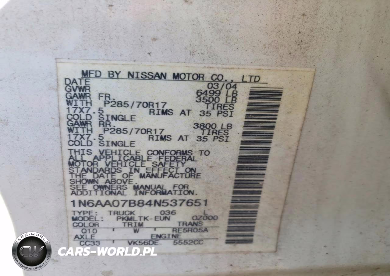 2004 Nissan Titan Xe VIN:1N6AA07B84N537651 - 12