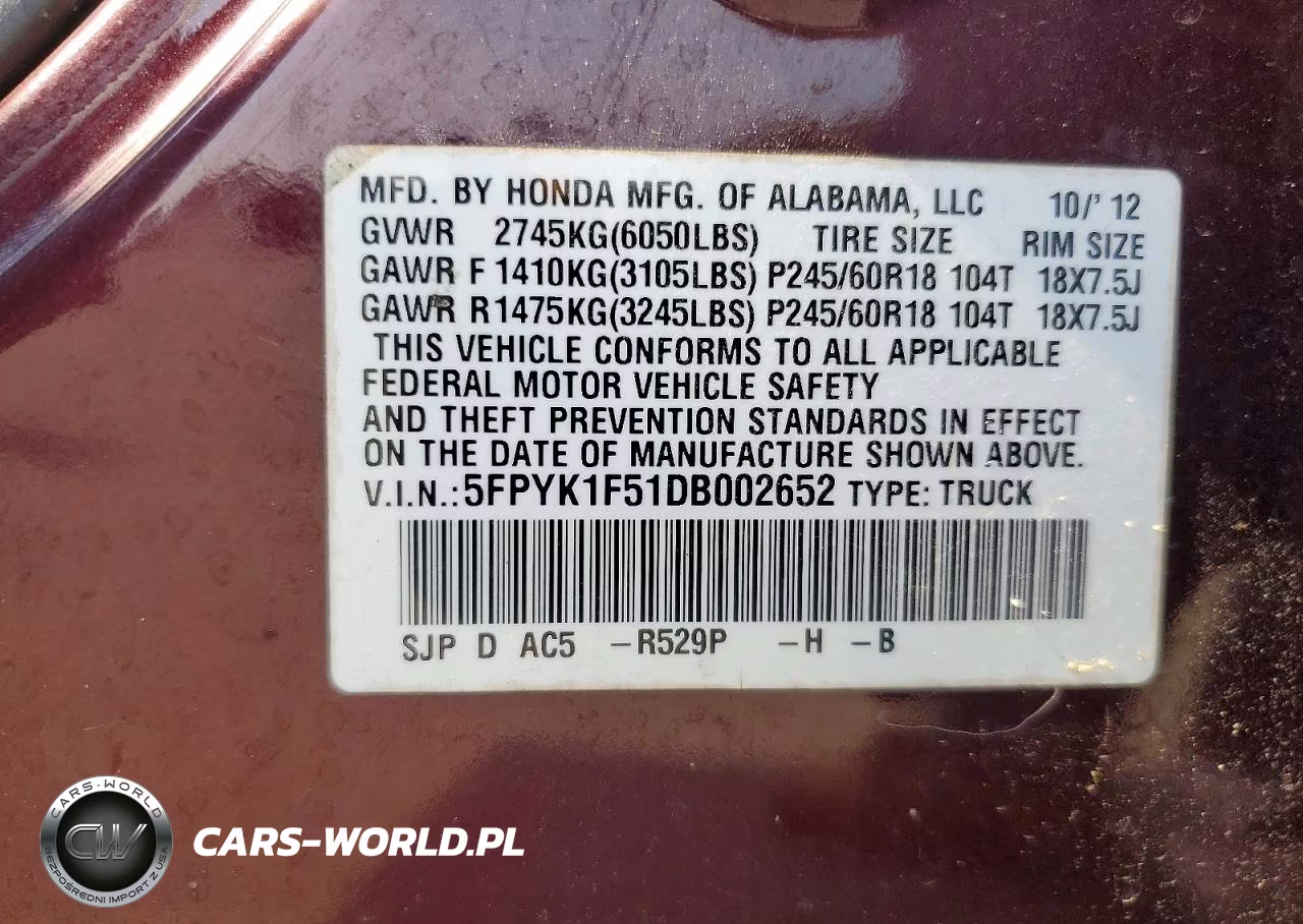 2013 Honda Ridgeline Rtl VIN:5FPYK1F51DB002652 - 12