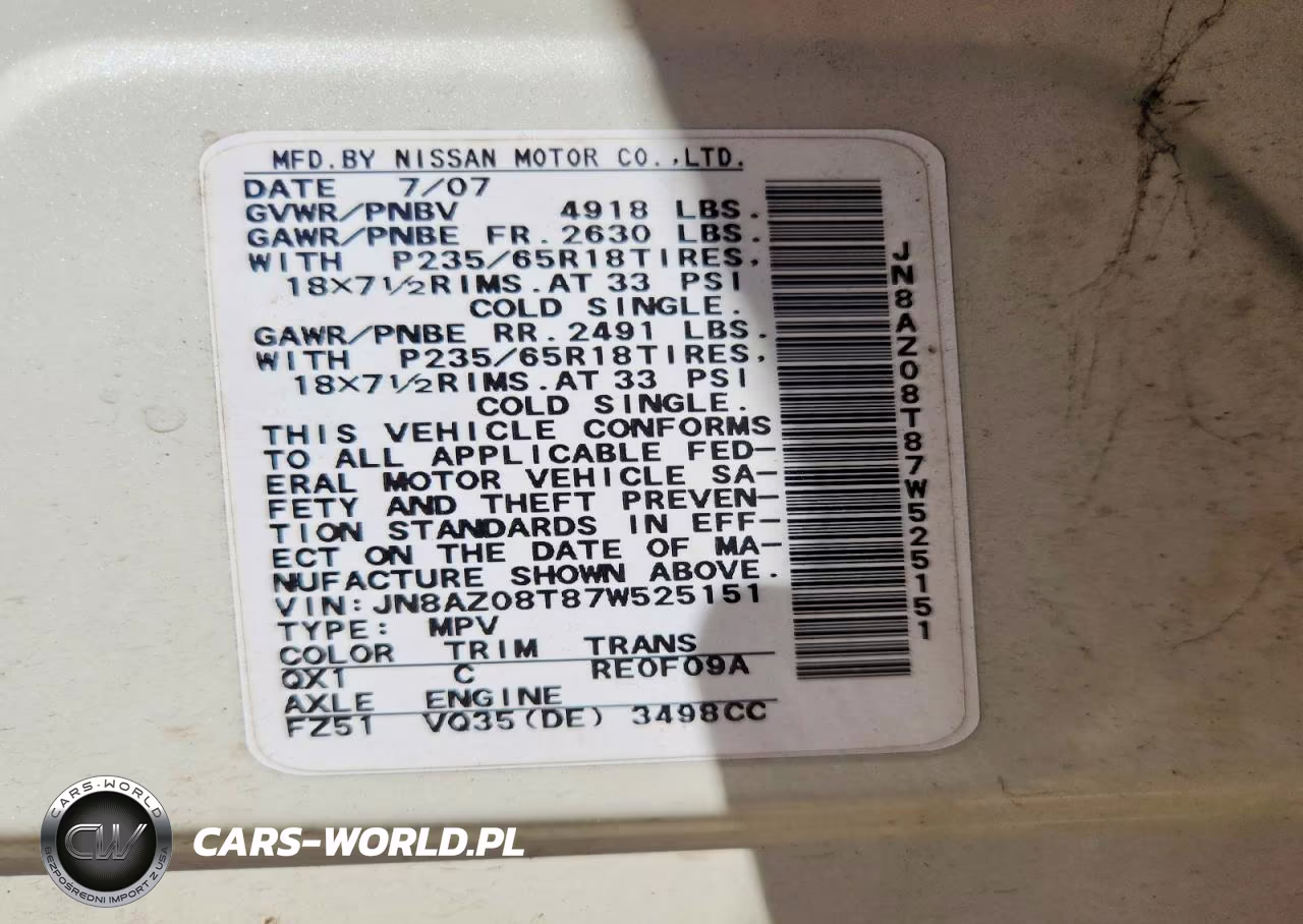 2007 Nissan Murano S VIN:JN8AZ08T87W525151 - 13
