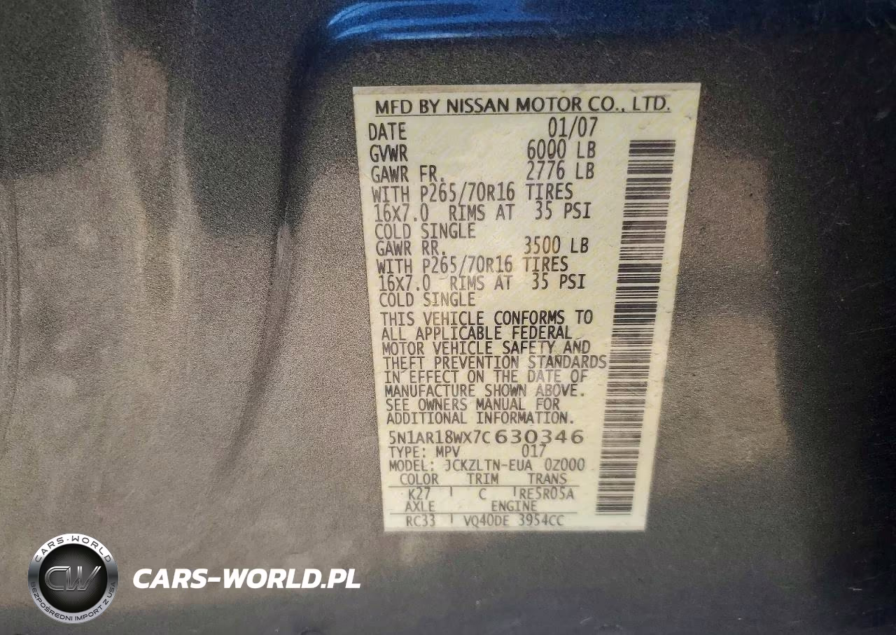 2007 Nissan Pathfinder S VIN:5N1AR18WX7C630346 - 13