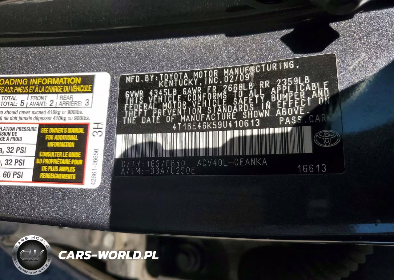 2009 Toyota Camry Le VIN:4T1BE46K59U410613 - 12