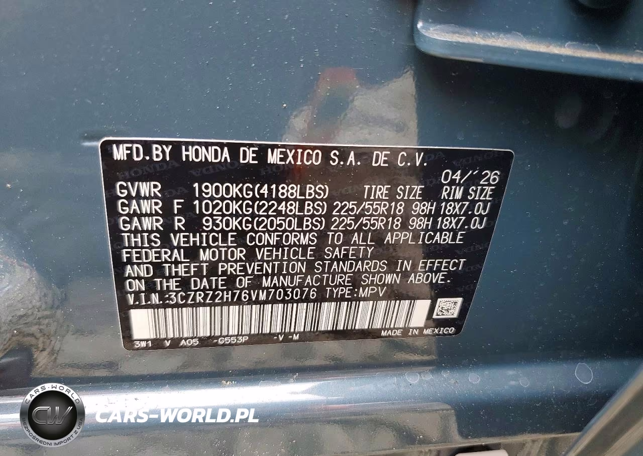 2027 Honda Hr-V Exl VIN:3CZRZ2H76VM703076 - 12