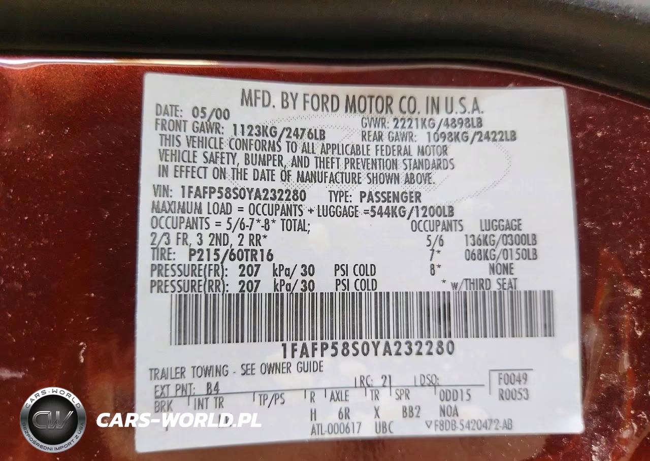 2000 Ford Taurus Se VIN:1FAFP58S0YA232280 - 12