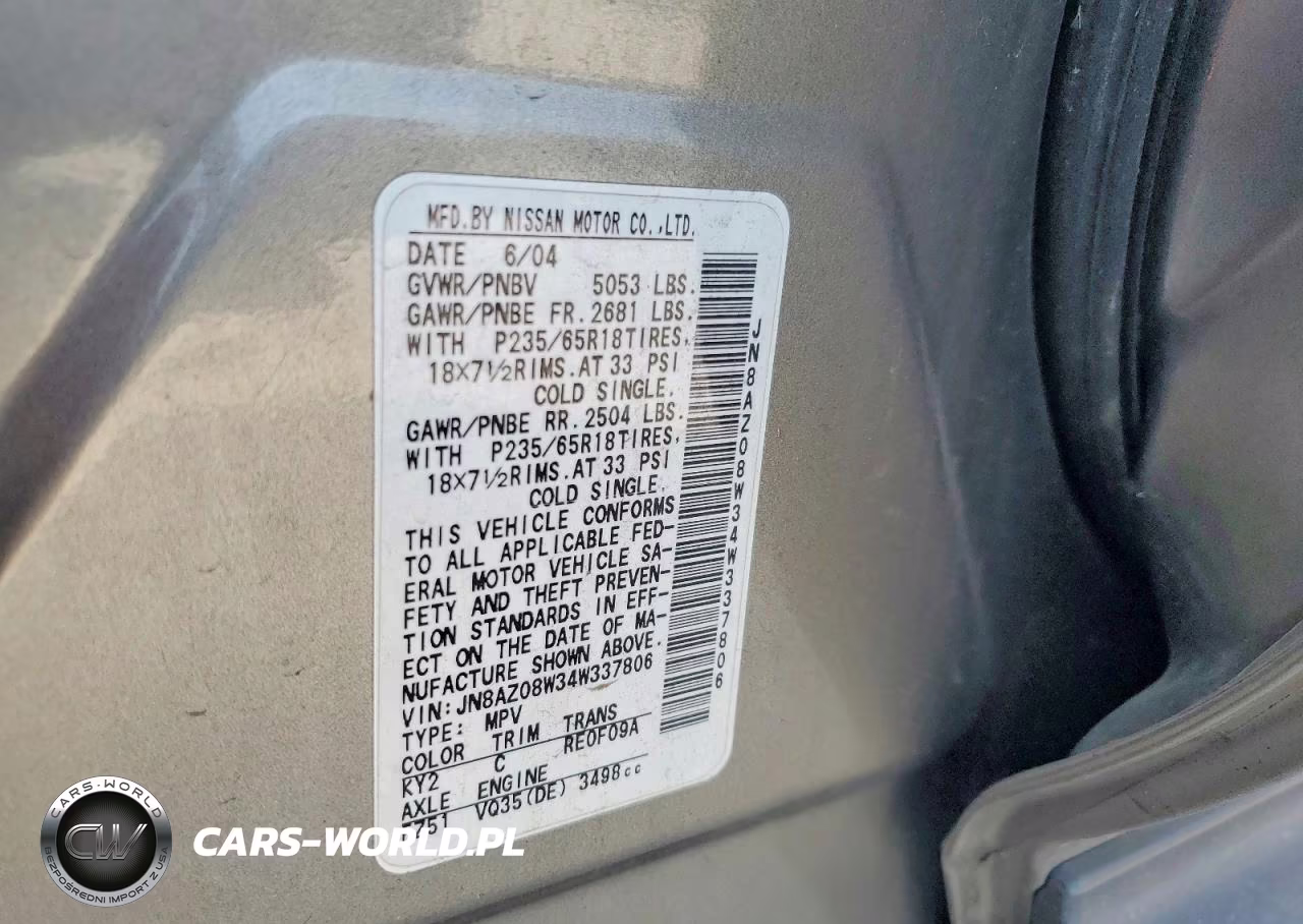 2004 Nissan Murano Sl VIN:JN8AZ08W34W337806 - 13