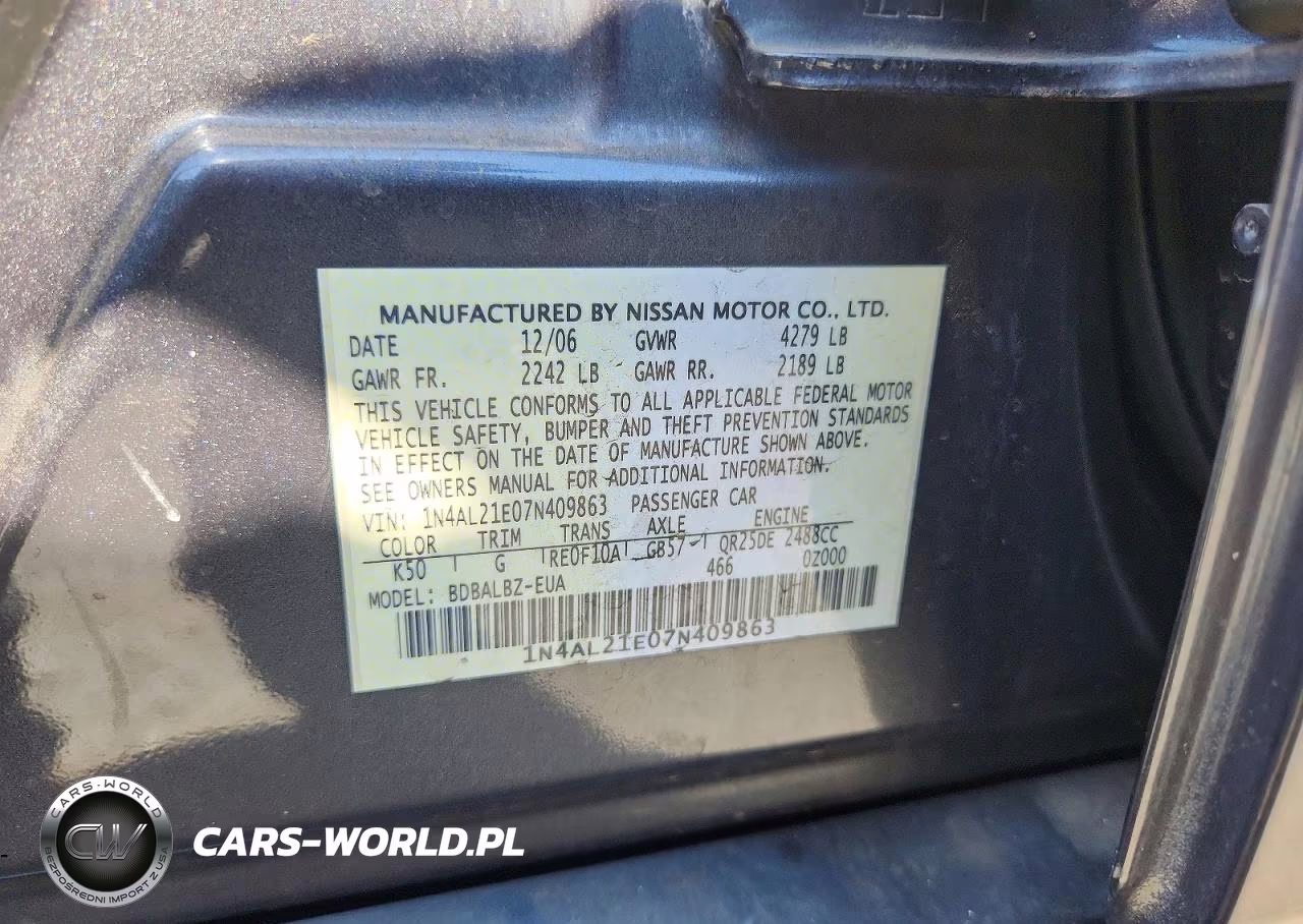 2007 Nissan Altima 2.5 VIN:1N4AL21E07N409863 - 12