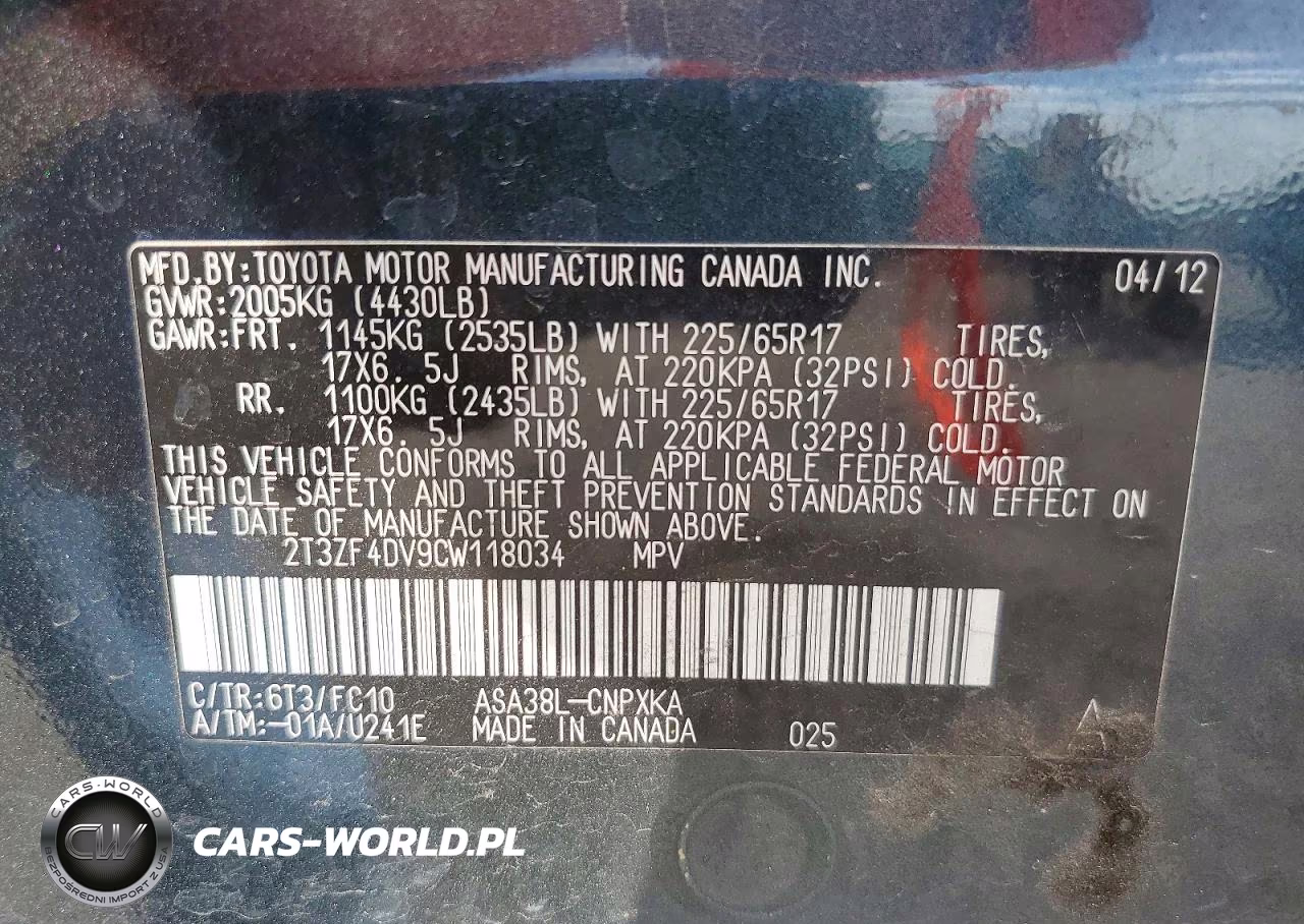 2012 Toyota Rav4 Base VIN:2T3ZF4DV9CW118034 - 12
