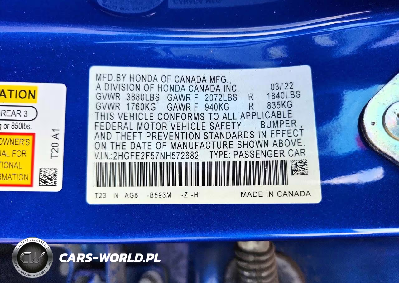 2022 Honda Civic Sport VIN:2HGFE2F57NH572682 - 12